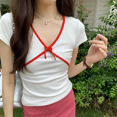 thumbnail image 1 of Camisetas de manga corta con cuello en V y diseño cruzado de estilo europeo con diseño de bloques de color blanco Sensibility para mujer Verano 2024 Nueva camiseta adelgazante, 1 of 4