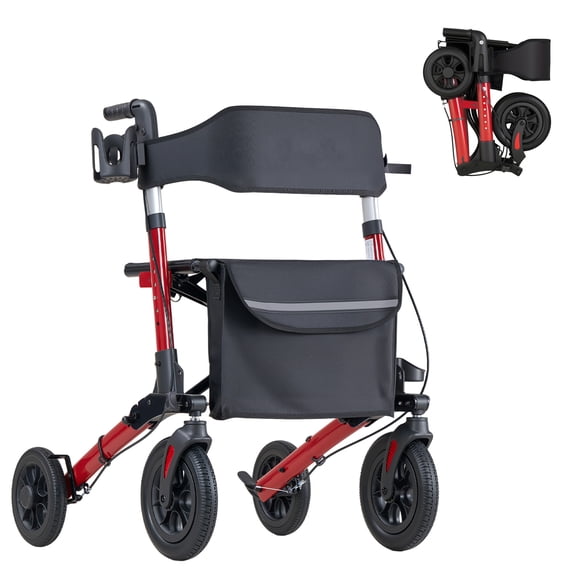 KFFKFF Rollator Walker with Seat for Seniors, Compact 3-Fold Lightweight Aluminum Mobility Aid, Adjustable Handles, Solid PU Wheels, Includes Cup and Cane Holder - Supports Up to 300 lbs