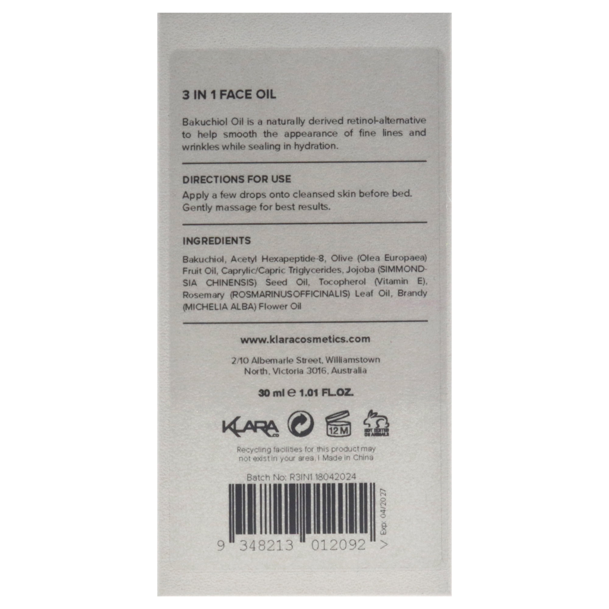 Klara Reset 3 in 1 Face Oil , 1 oz Oil
