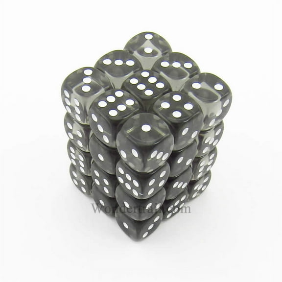 Smoke Translucent D6 Dice with White Pips 12mm (1/2in) Pack of 36