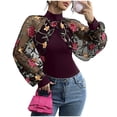 thumbnail image 3 of Uootdi Womens Sheer Floral Embroidered Block Tops Stand Collar Balloon Sleeves Cropped Boleros Casual Evening Wear Chic Outfit Gift, 3 of 5