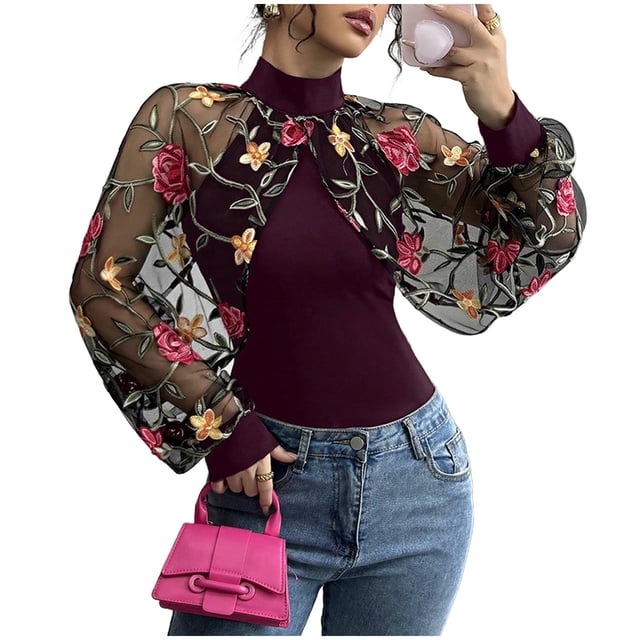 Haut en Dentelle Brodée pour Femme, Blouse à Manches Longues avec Patchwork Floral, Chemise Mode Décontractée à Col Rond pour Usage Quotidien, Maison Ou Sortie au Bureau