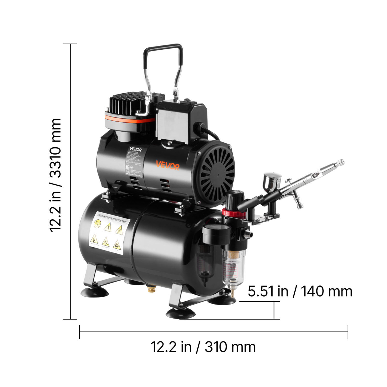 VEVOR Airbrush Kit, 1/6 HP, Air Brush Kit with Air Compressor and Tank, 1 Dual-Action Professional Airbrush with 3 Tips, Acrylic Paint, Low Noise, for Cake Decorating, Model Painting, Nail Art