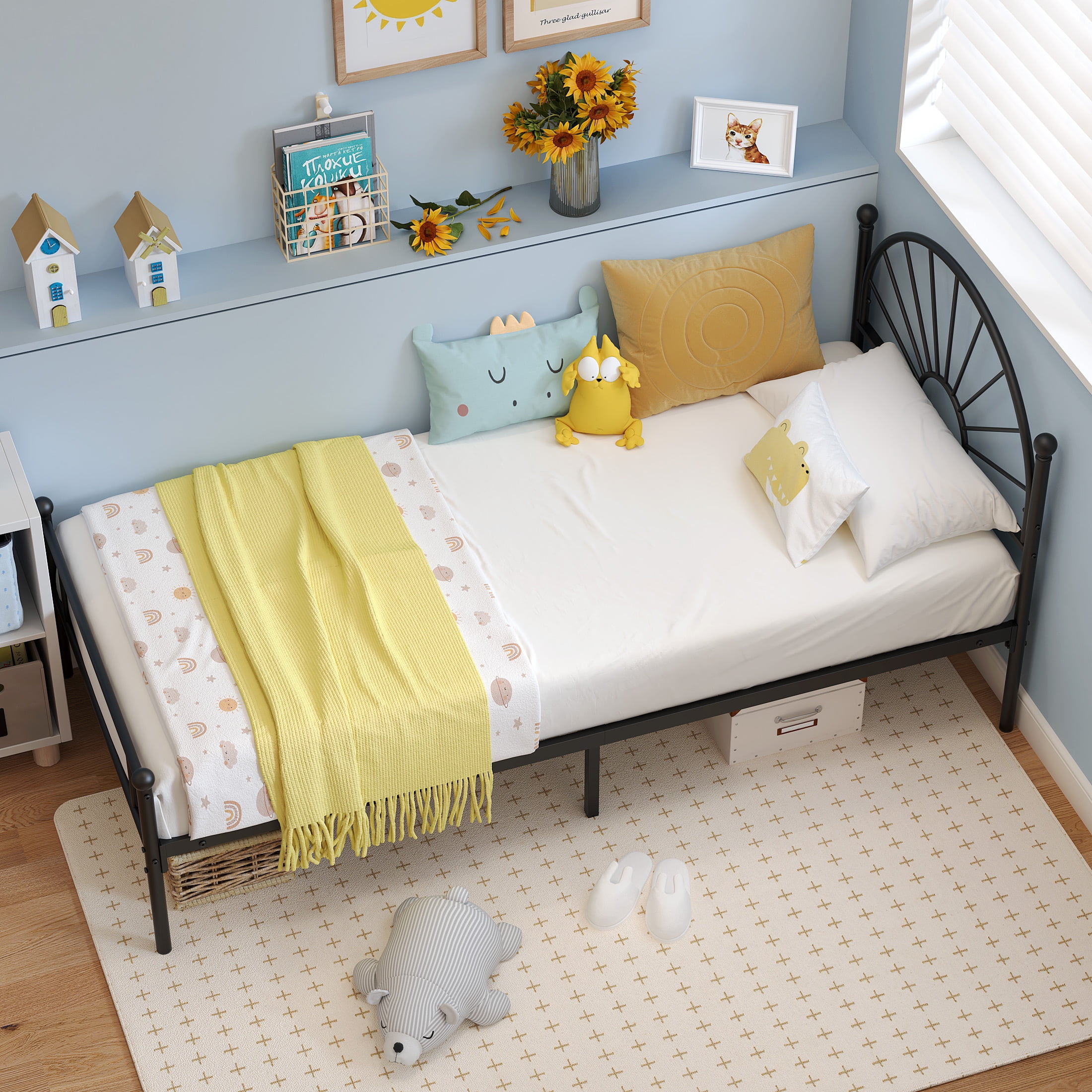 Yoneston Twin Metal Bed Frame with Unique Sun Curve Shape Headboard for Teens Kids Toddlers Bedroom Furniture, Black