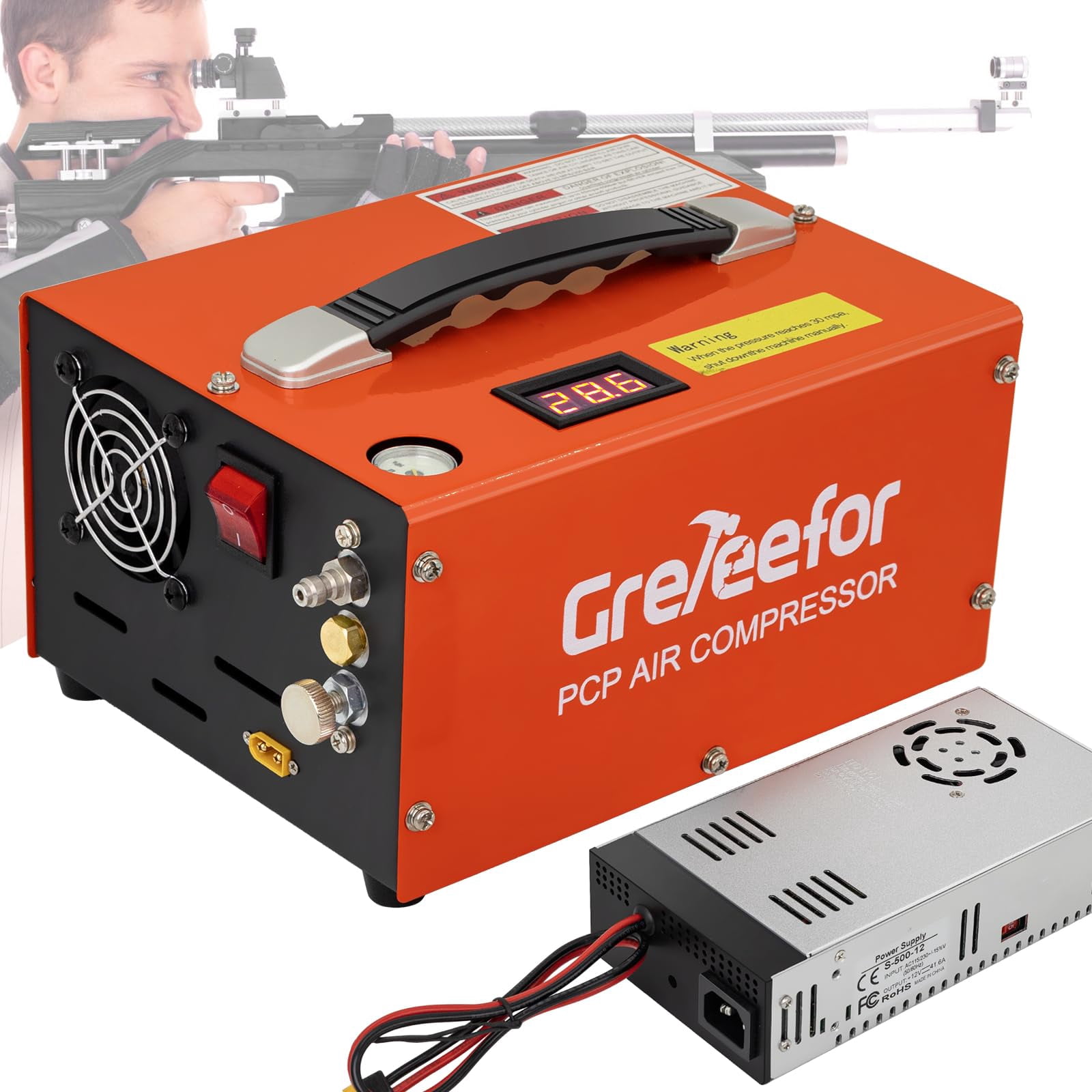 Greteefor PCP Air Compressor, Built-in 600W Adapter, 4500Psi/30Mpa, 350W Motor, 12V DC or 110V/220V AC Power, Auto Stop, Water/Oil free &Cooling Fan for Air Rifle, Paintball, HPA Tanks LightWeight