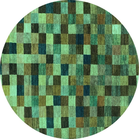 Ahgly Company Machine Washable Indoor Round Checkered Turquoise Blue Modern Area Rugs, 4' Round