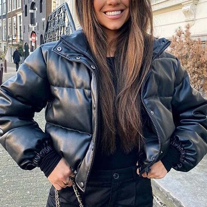 DanceeMangoos Women's Casual Faux Leather Jacket Lapel Button Down Leather  Shacket Coat 