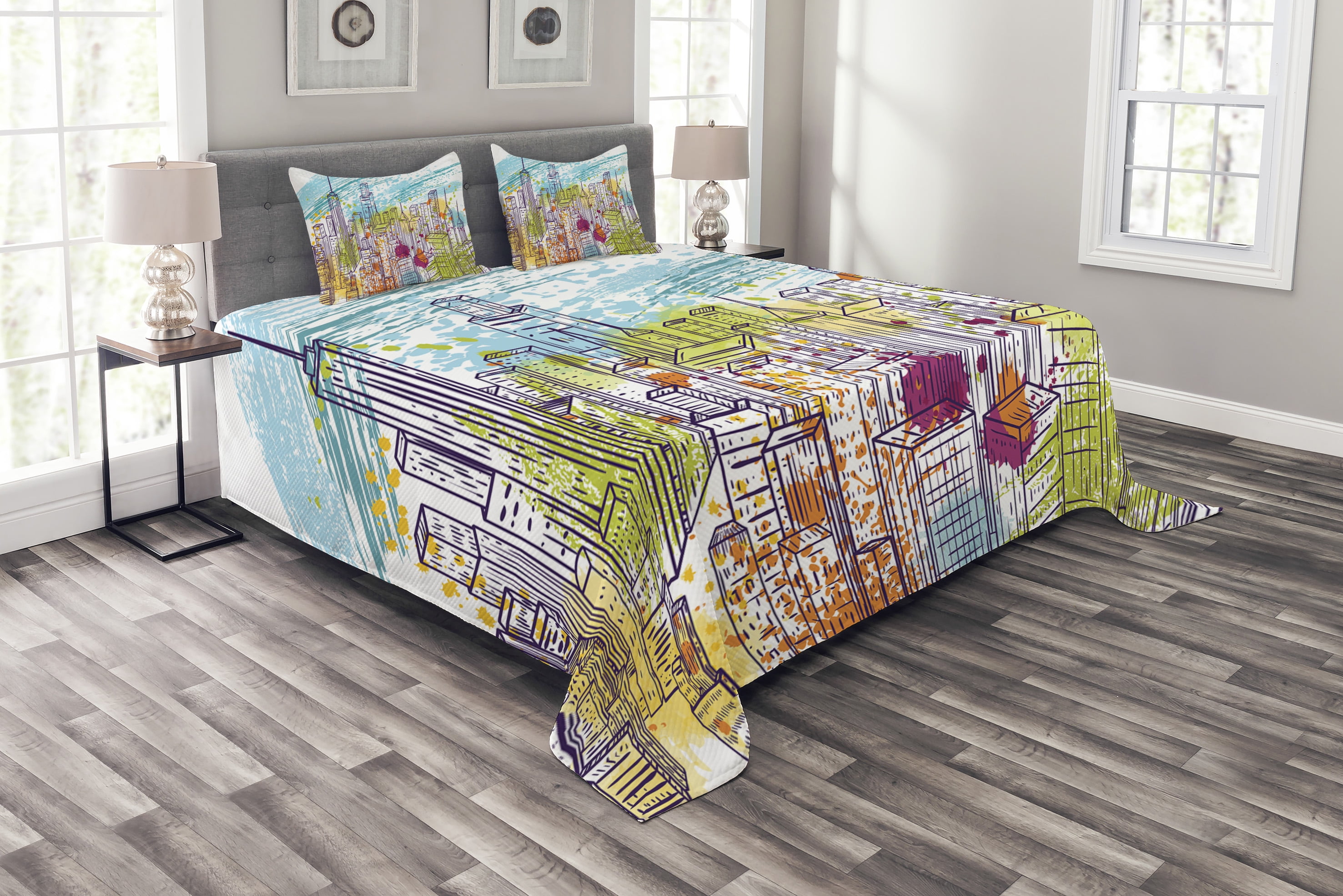 New York Bedspread Set Queen Size, Urban Theme Watercolor Style Effect