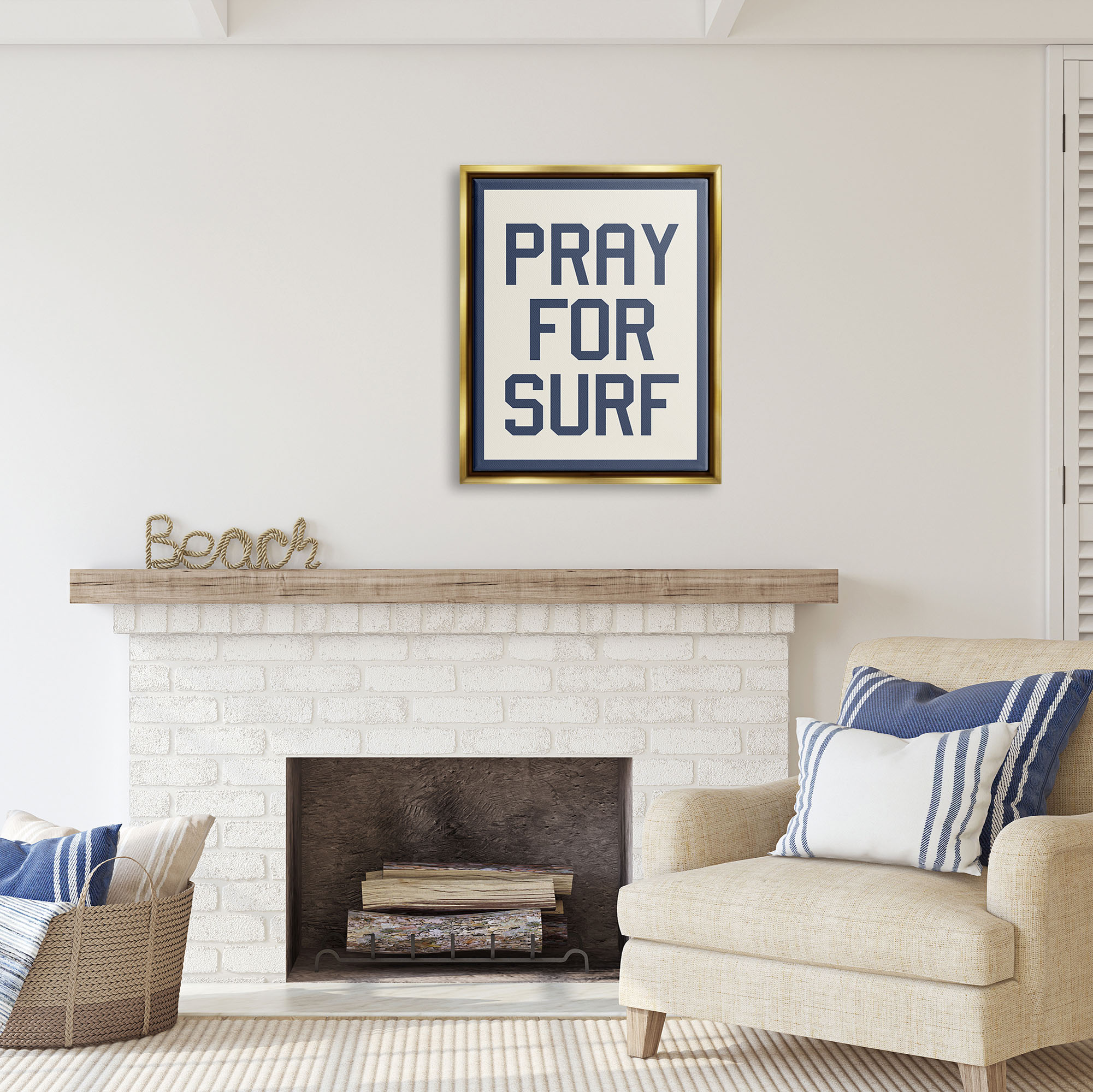 Stupell Industries Pray for Surf Phrase Nature Painting Gold Floater Framed Art Print Wall Art, 25 x 31