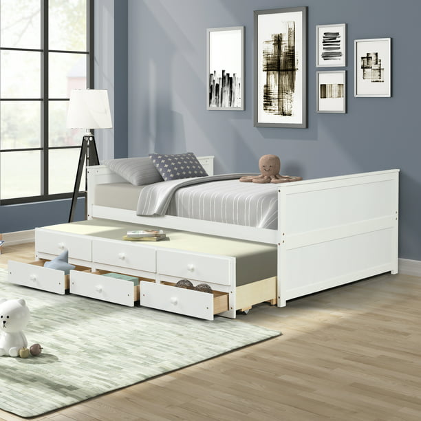 Twin Trundle Solid Wood Daybed Frame, Full Trundle Bed With Twin