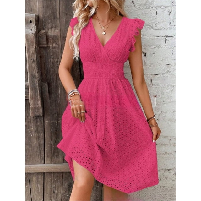 Vestido elegante con mangas de hoja de loto y escote en V.