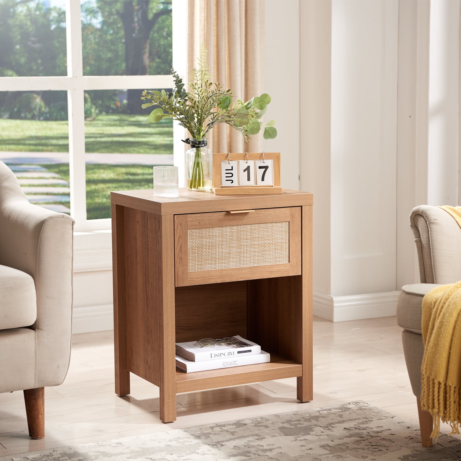 Surmoby Rattan Nightstand,Farmhouse Night Stand with Drawer and Storage