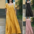 thumbnail image 6 of TNOBHG Women Long Dress Women Summer Dress A-line Round Neck Short Sleeves Pure Color Big Swing Pleated Loose Soft Breathable Mid-calf Length Lady Midi Dress, 6 of 8