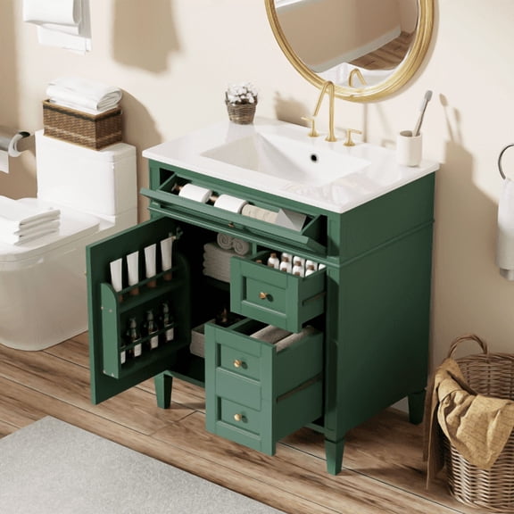 Taoruifang green 30'' Bathroom Vanity with Top Sink, Modern Bathroom Storage Cabinet with 2 Drawers and a Tip-out Drawer, Single Sink Bathroom Vanity