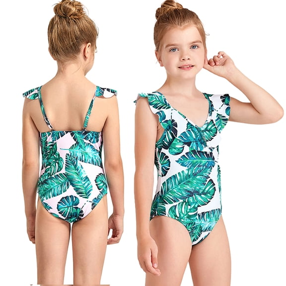 LYMAYTER Little Girls One Piece Bathing Suit Toddler Halter Bikin Swimsuits Summer Kids Beach Printed Swimwear for 4-11 Years