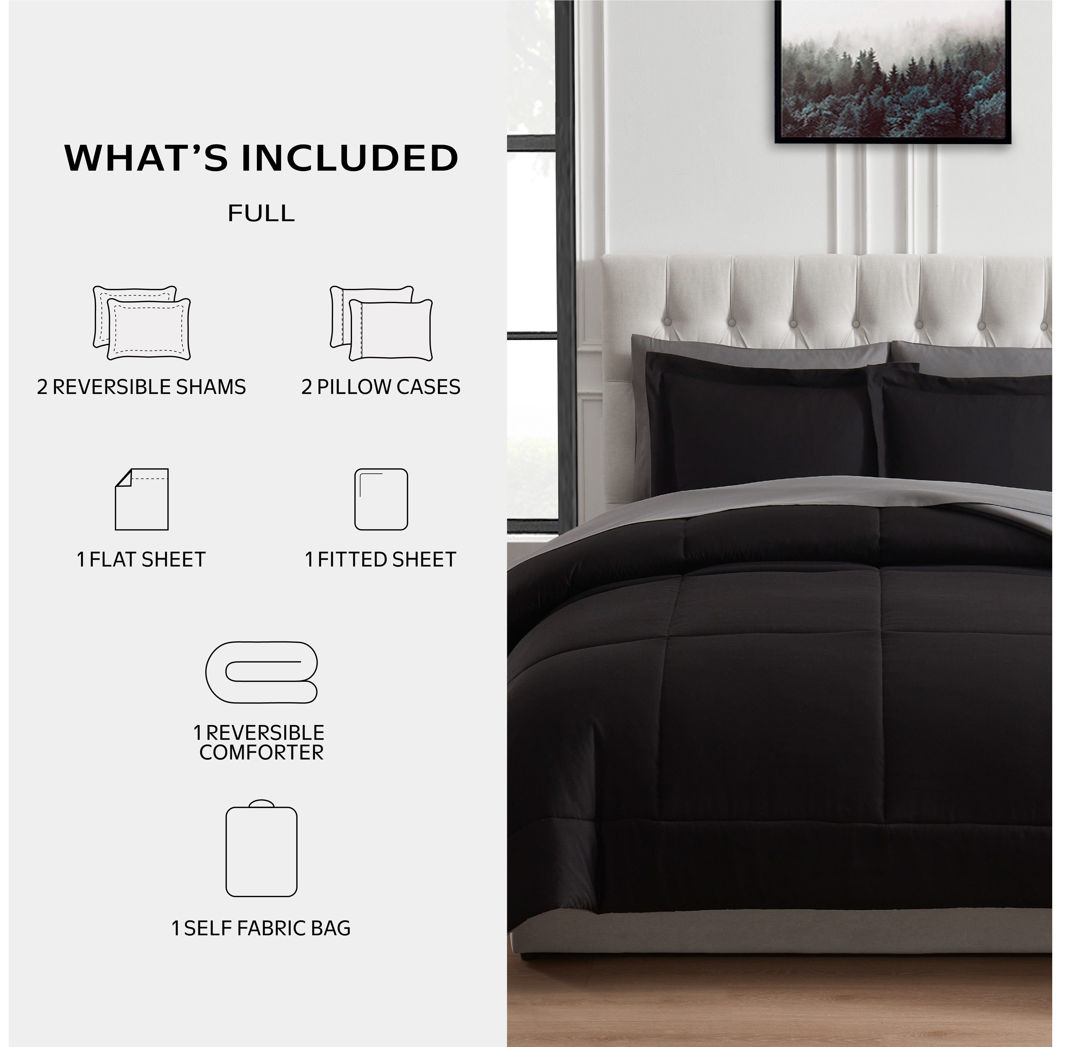 MAINSTAYS ALL IN ONE REVERSIBLE COMFORTER AND SHEET SET- 7 PIECE, FULL, BLACK