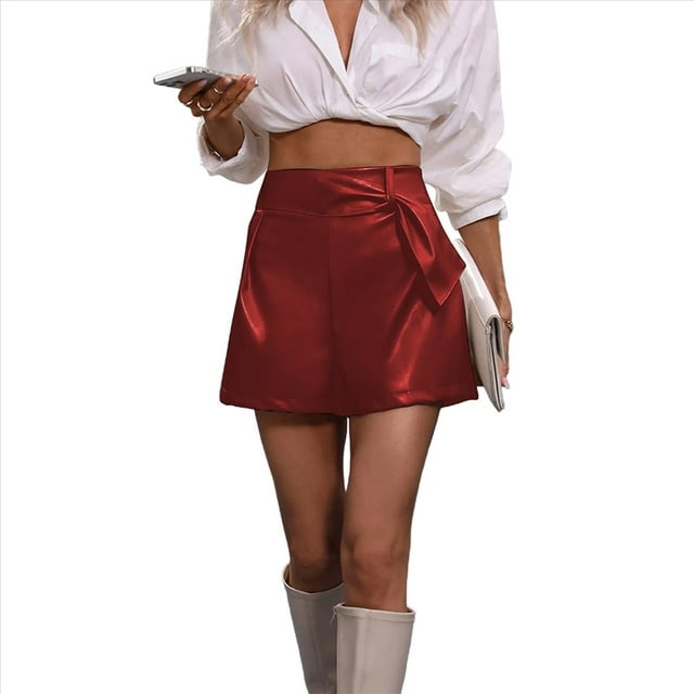 Faldas de para Mujer, Pantalones Cortos de Sintético de Cintura Alta, Falda Cruzada Fruncida con Cintura Elástica. Vino Tinto L