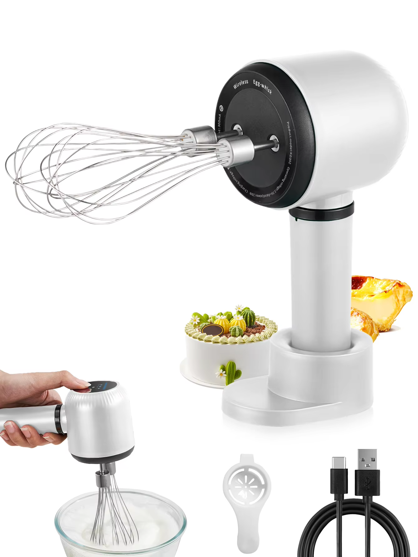 Batidora de mano eléctrica inalámbrica AMAZTEK de doble batidor, batidora manual de acero inoxidable recargable por USB de baja velocidad para batir, mezclar huevos, masa de pastel en la cocina 3