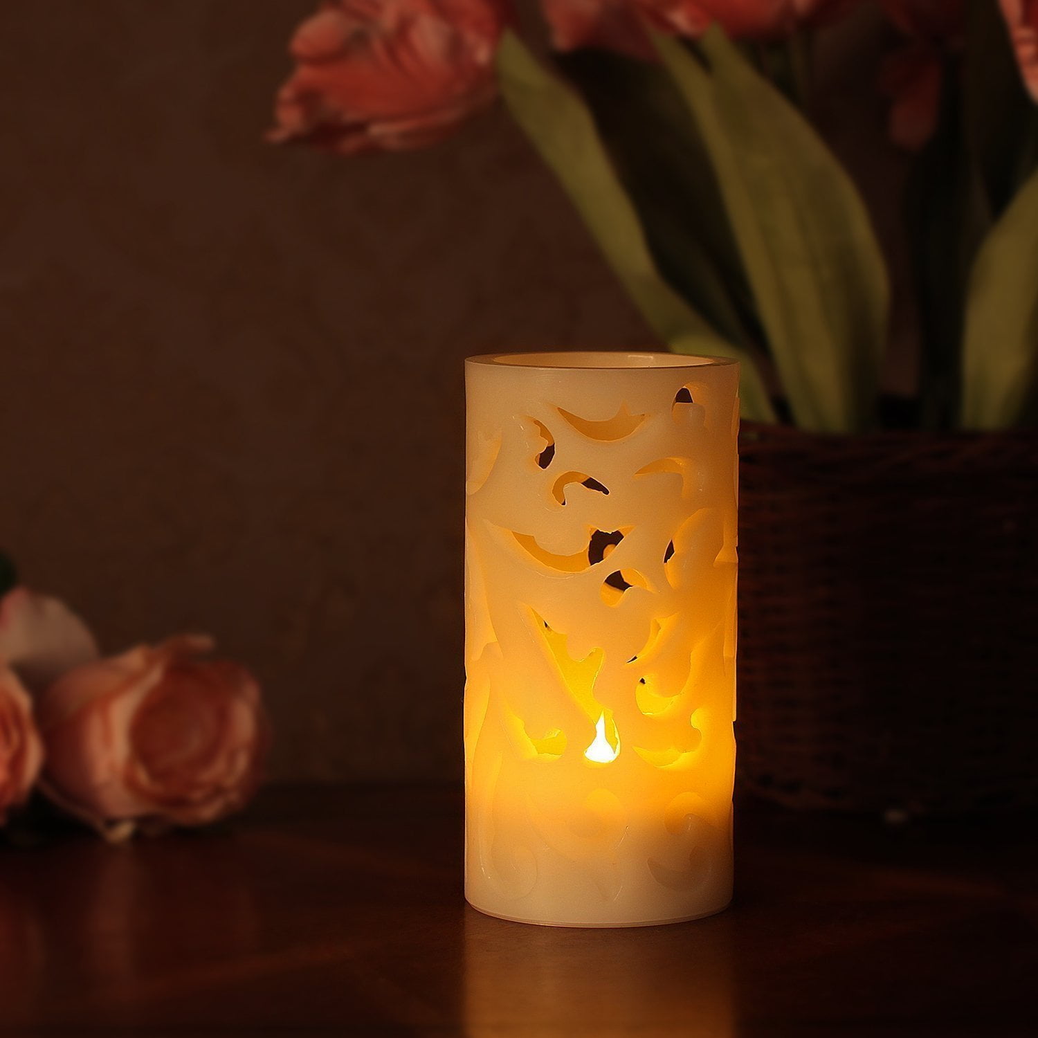 Flameless Candle, Emopeak Led Hollowed-Out Pillar Candle With Timer ...