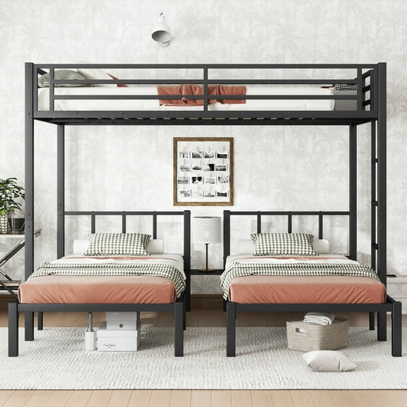Metal Triple Bunk Bed, Twin over Twin & Queen, Space-Saving Detachable Design, Noise Reduced, Safety Guardrails, for Teens/Guest Rooms/Studio Apartments, Black