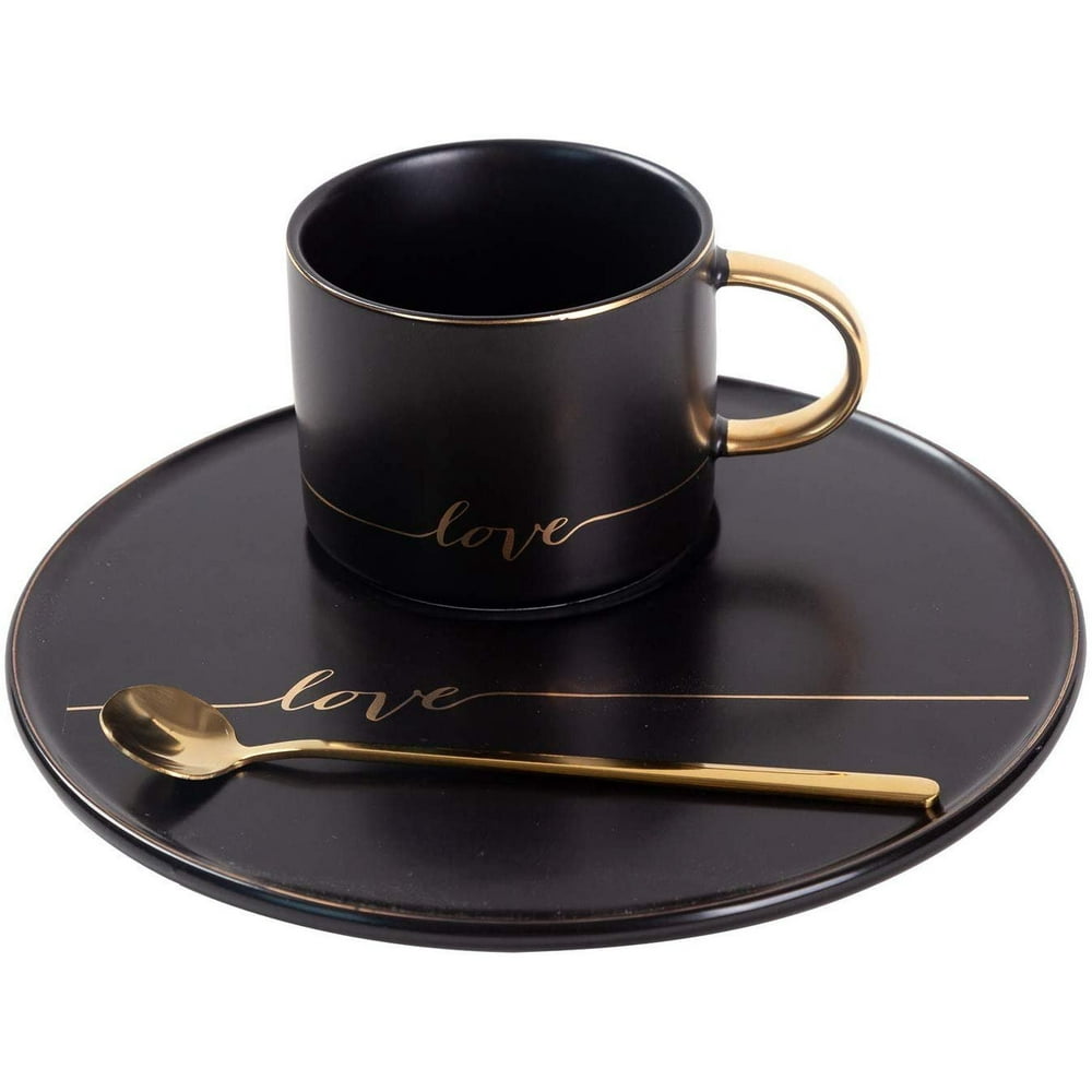 TJ Gobal Porcelain Coffee Mug, Tea Cup with Saucer and Golden Spoon