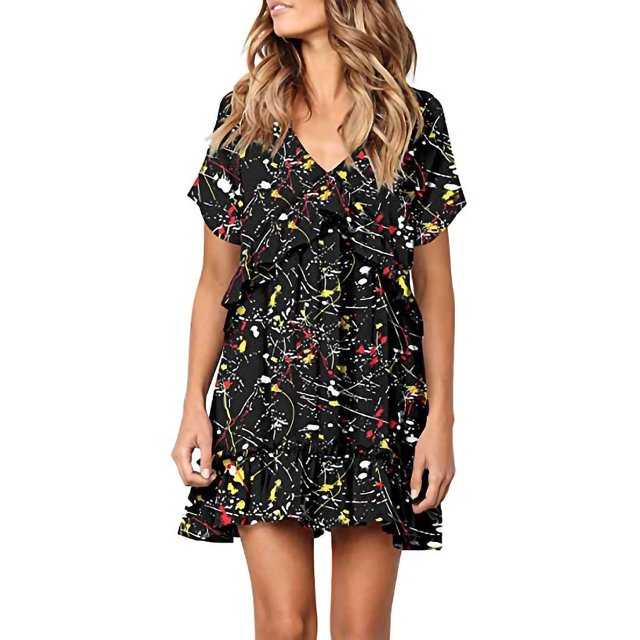 Women's Dress Personalized Printing Drees Knee-length Short Sleeve Draped Dress