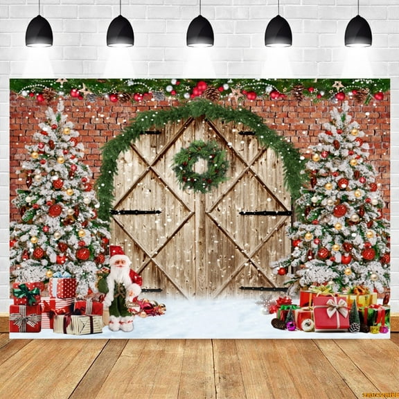 Christmas Party Photography Background Wood Door Snow Xmas Tree Window Gift Toys Family Baby Portrait Photocall Backdrop r