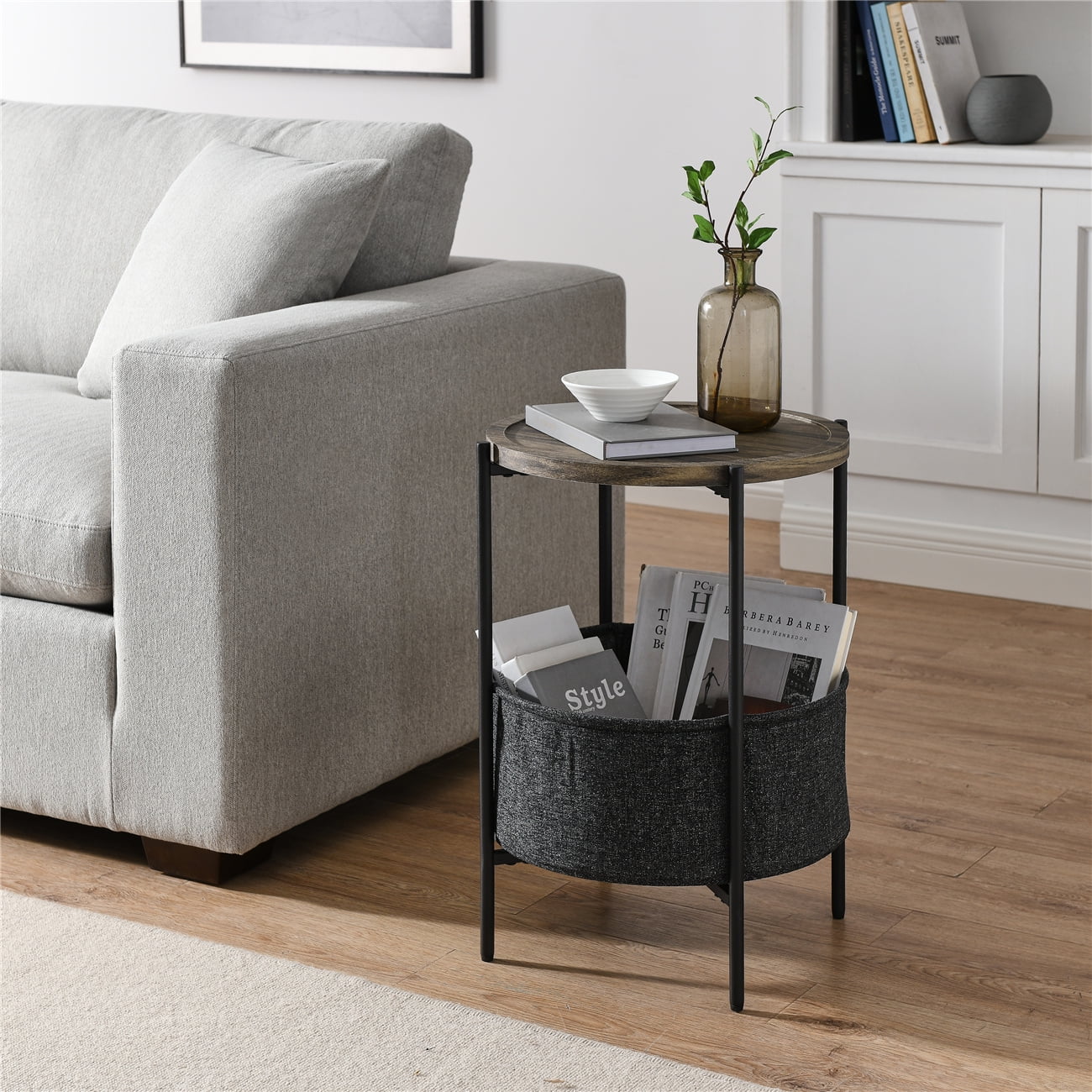 Round End Table with Storage Basket, Accent Nightstand with Metal Frame