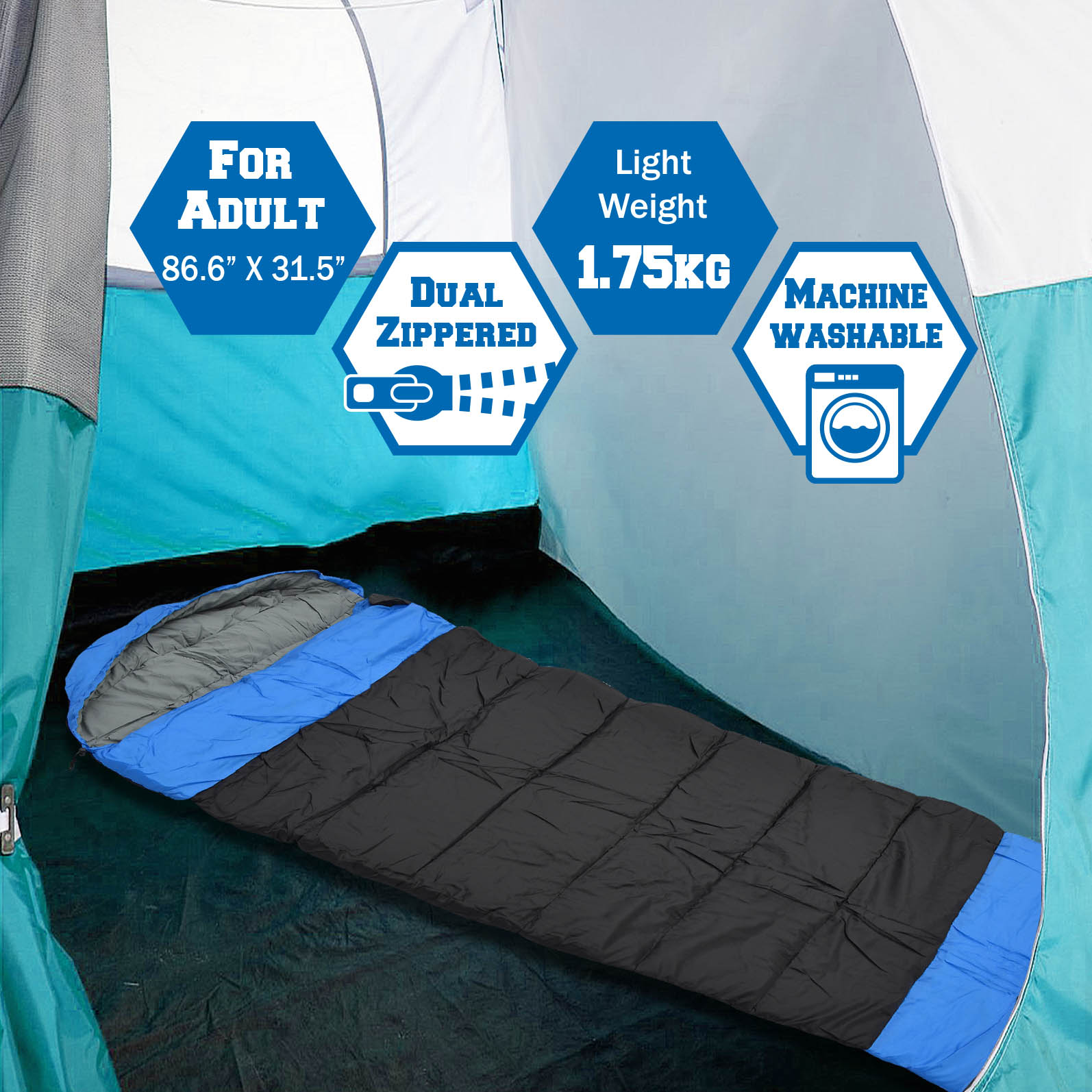 Sunrise Hooded Sleeping Bag Outdoor Camping or Indoor Sleep with Carry Bag(Blue) - image 3 of 9