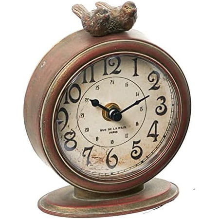 Vintage Pewter Mantel Clock with Birds, Distressed Brown