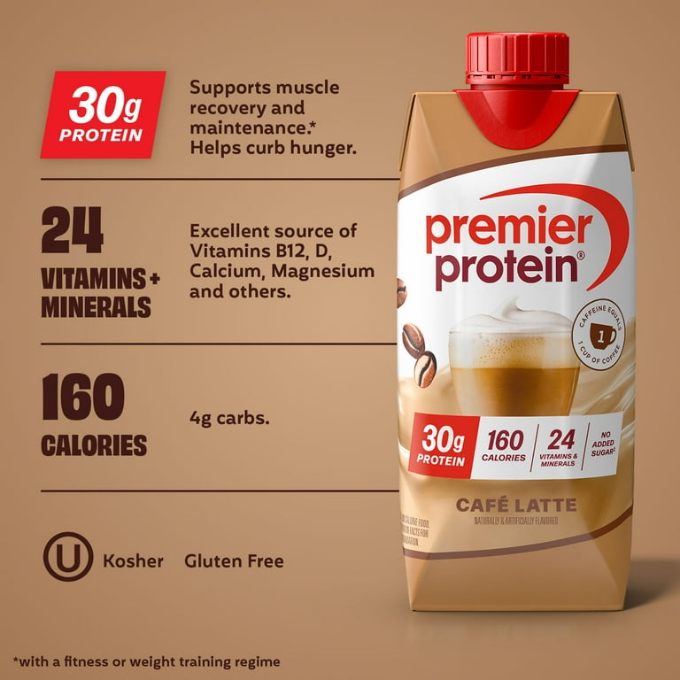 6 pack) Premier Protein Shake, Café Latte, 30g Protein, 11 fl oz