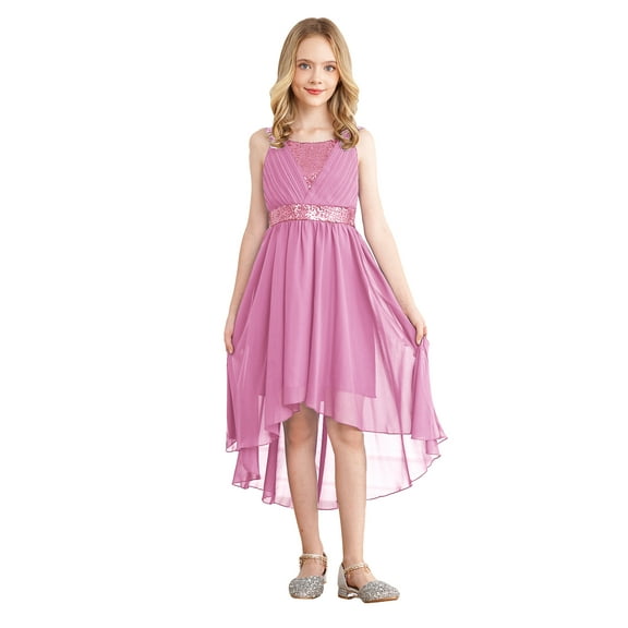 Linjinx Kids Girls Bridesmaid Party Dress Sequin Ruched Sleeveless High-low Hem Grace Chiffon Dress Pink 4