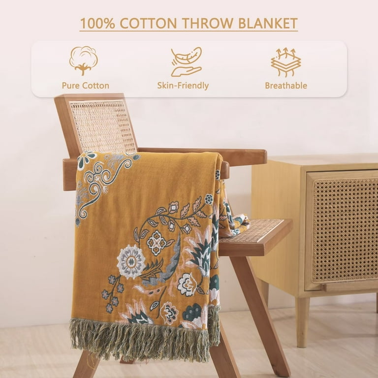 Bedduvit Yellow Bohemian Throw Blanket for Couch 100 Cotton Woven Muslin Floral Green Throws Reversible Lightweight Jacquard Retro Decorative Boho