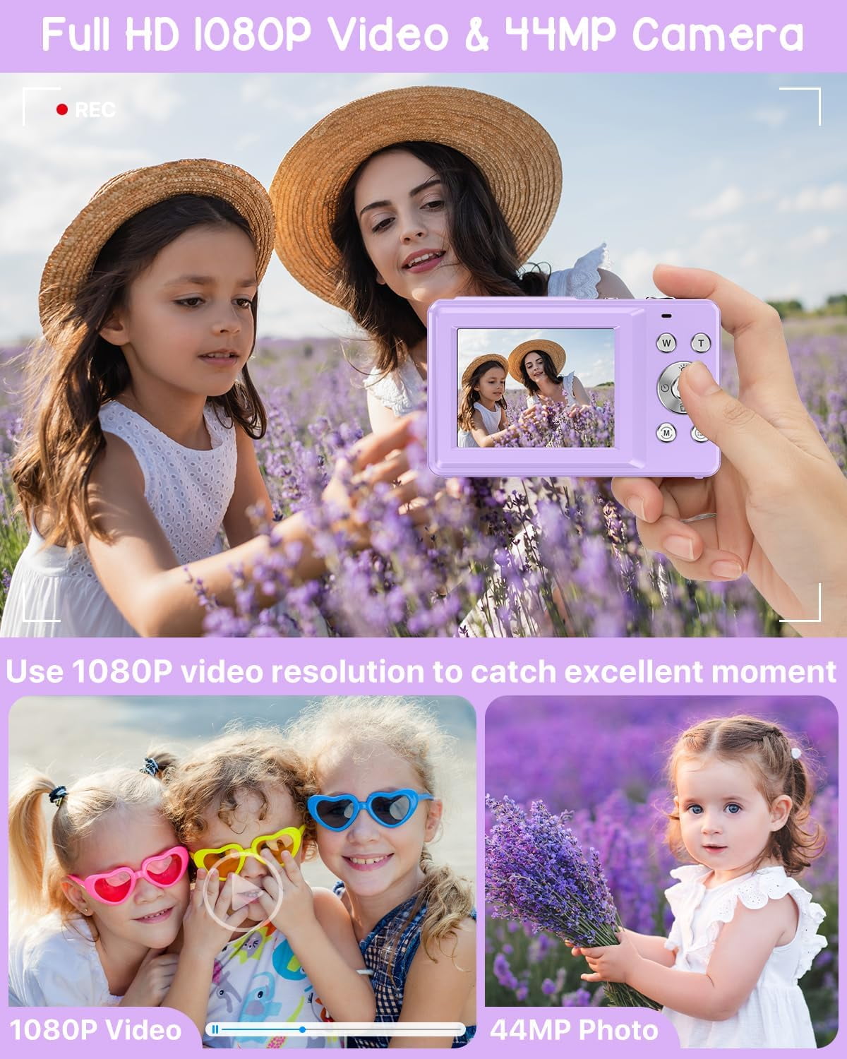 ACTITOP Digital Camera for Kids with 32GB FHD 1080P 16X Digital Zoom Compact Point and Shoot Vlogging Camera for Teens(Purple)