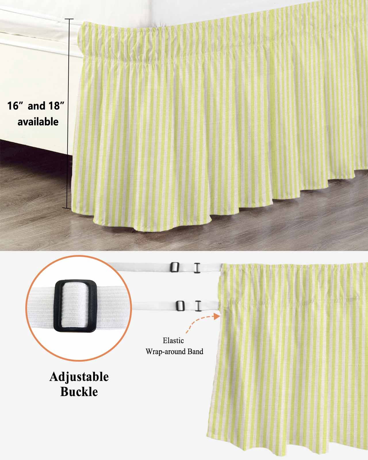 Simple White Striped Bed Skirt King Size 18 Inch Drop, Yellow Stripe Vintage Linen Adjustable Elastic Dust Ruffles Bedskirt for King Bed Wrap Around Pleated Mattress Frame Cover