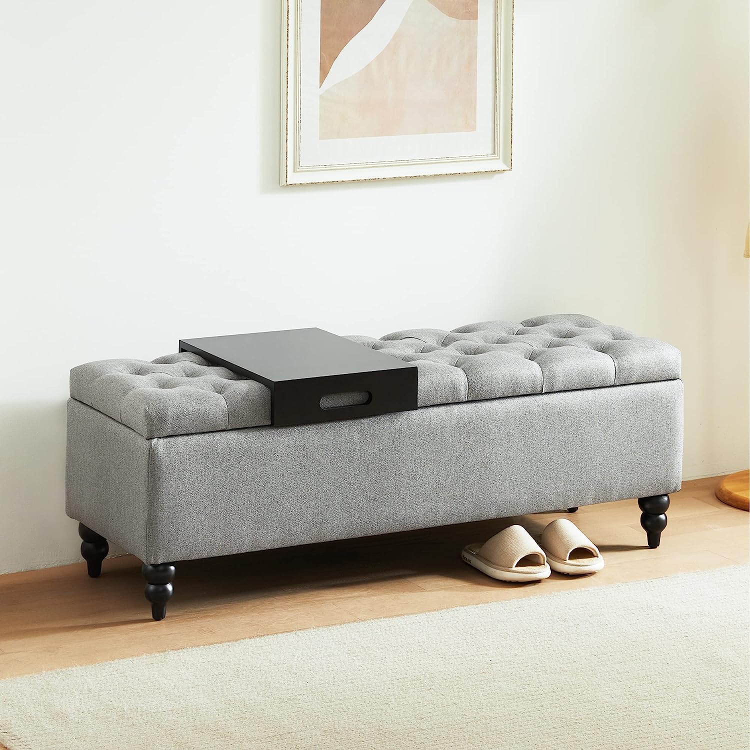 Storage Ottoman Bench with Tray, 50.2 Inches Upholstered Fabric Storage