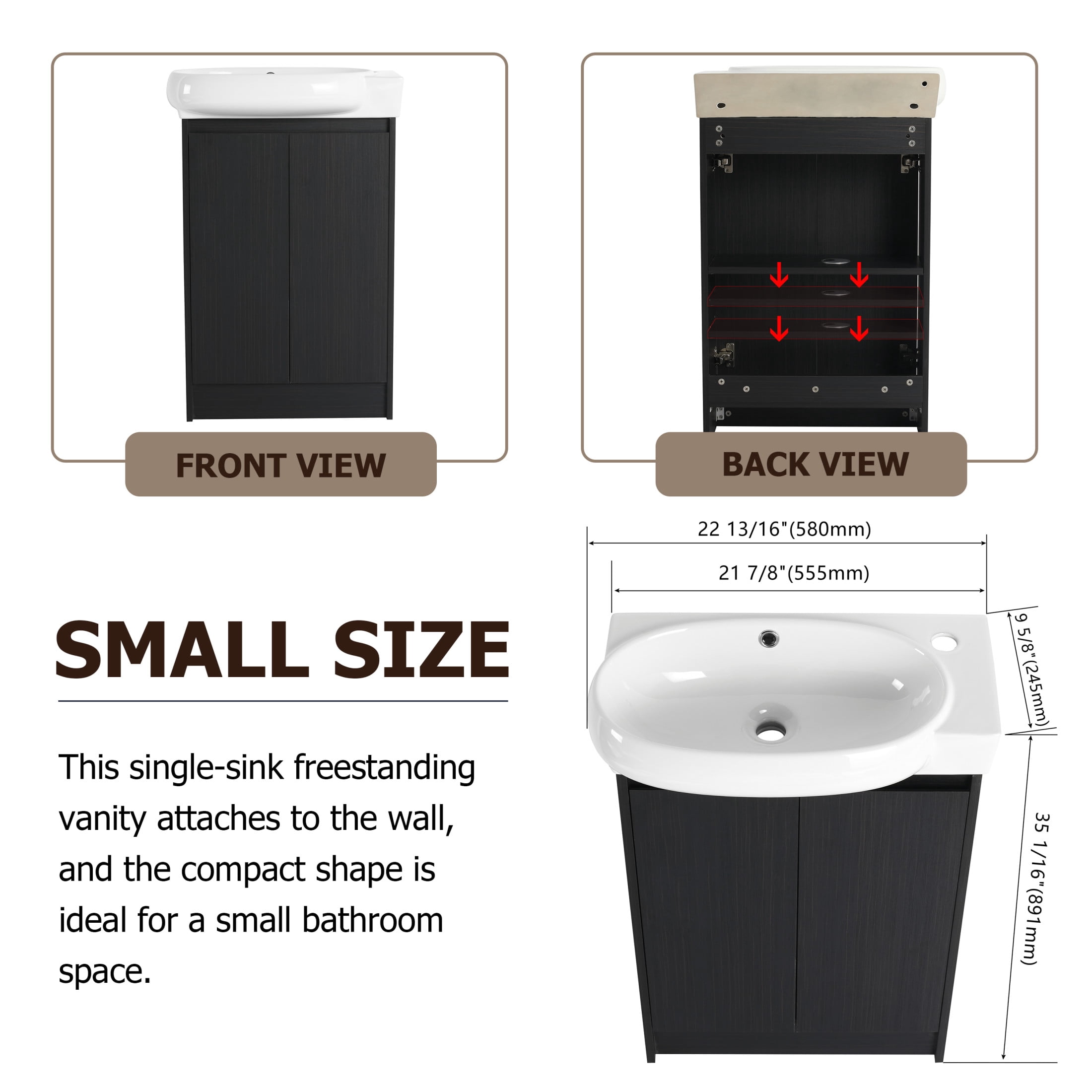 Noble House 23" Freestanding Bathroom Vanity with Sink, Soft Close Doors, Modern Storage Cabinet for Small Bathroom or Powder Room, Black Chestnut