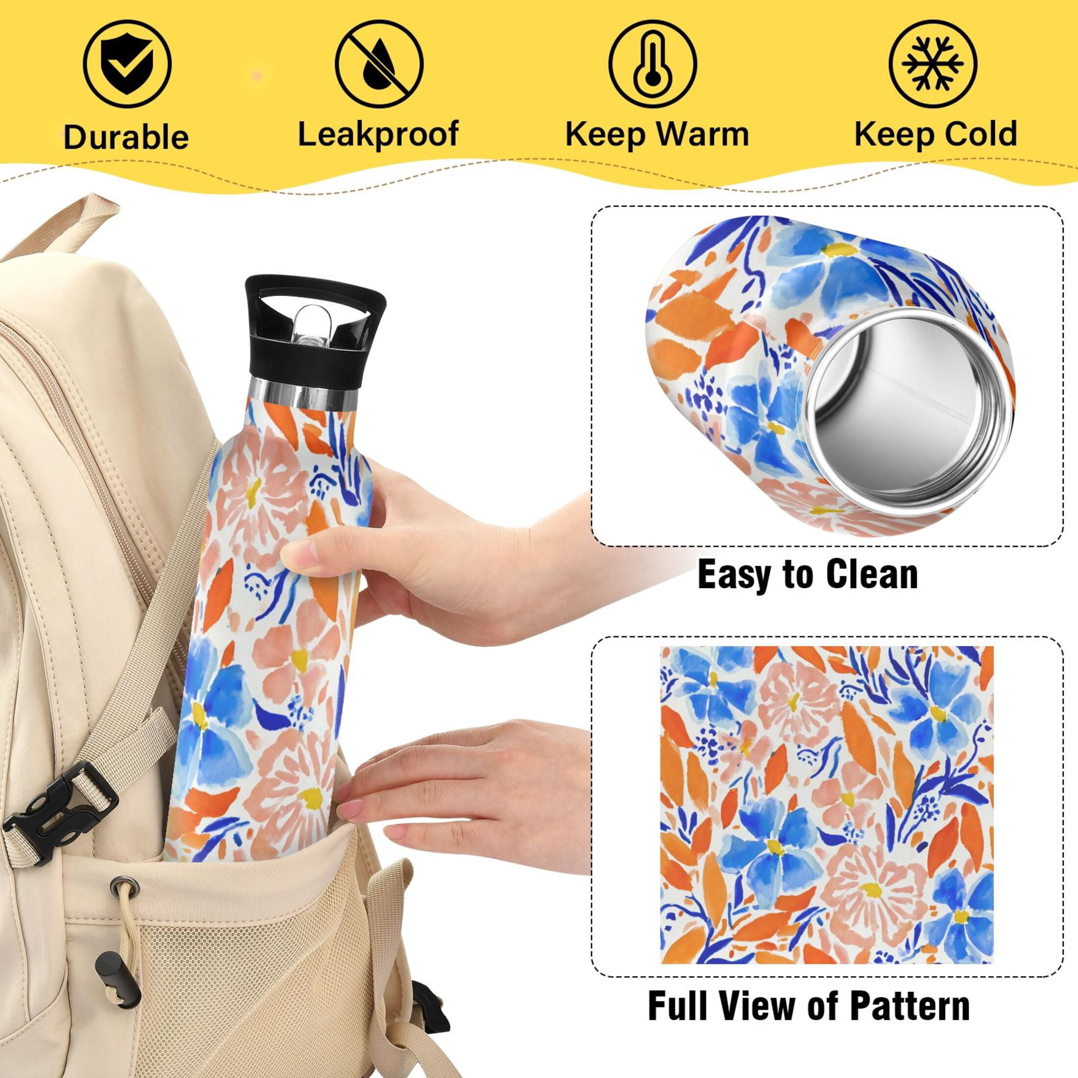 Kids Insulated Stainless Steel Sports Water Bottle 600ml (20oz) Hand-painted Watercolor Floral