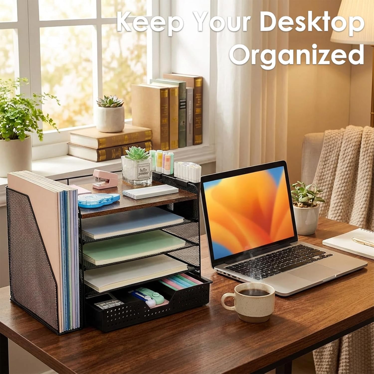 ThrottleT-Desk Organizers and Accessories with File Holder,5Tier Office Desk Accessories & Workspace Desktop Organizer with Drawer and 2 Pen Holder,File Paper Organizer for Office Supplies(Brown Wood