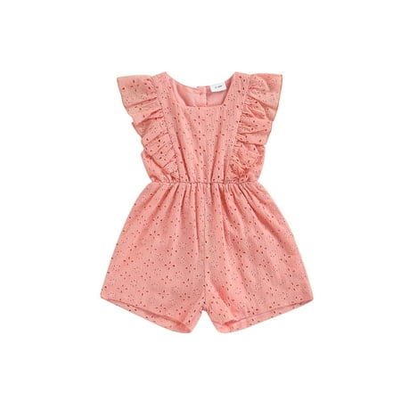 

Baby Girls Short Jumpsuit Sleeveless Square Neck Hollowed Ruffled Casual Bodysuit Pink 12-18 Months