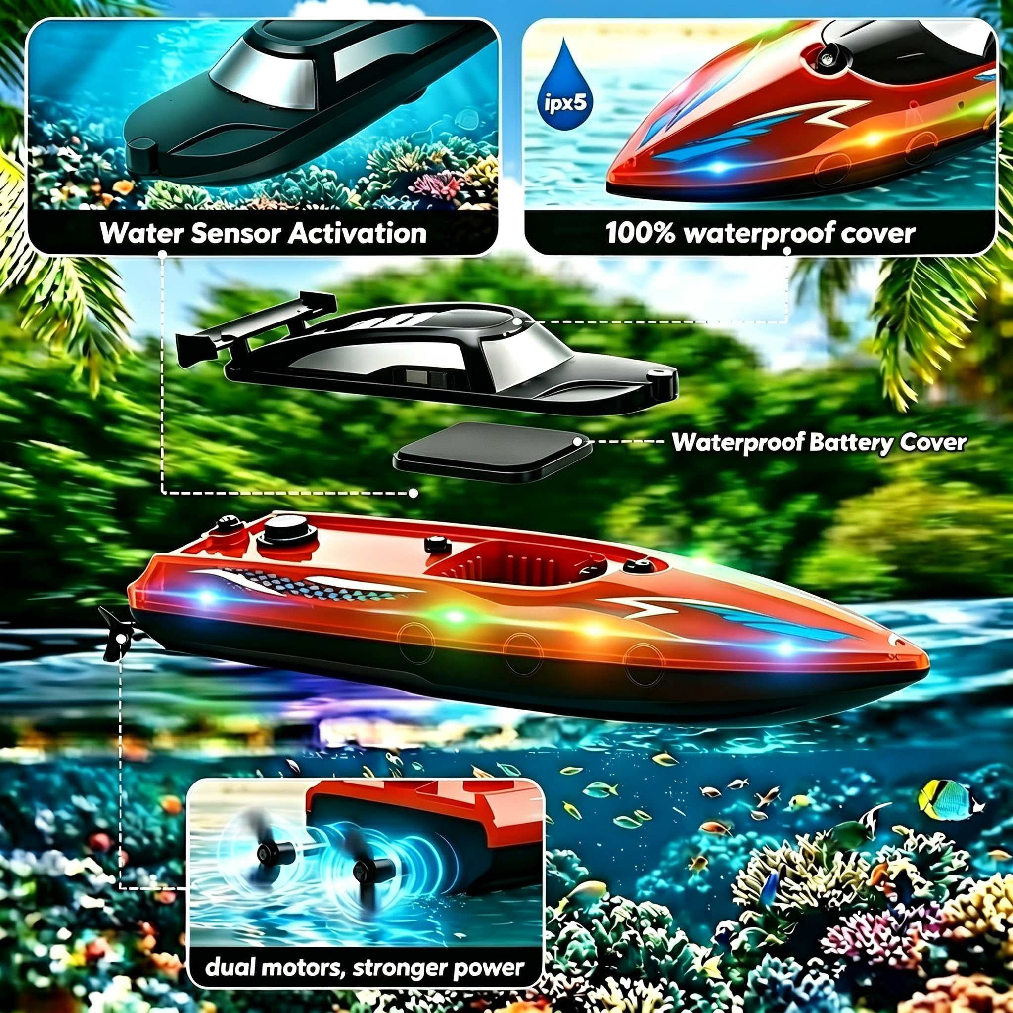 Tigozz RC Boat with LED Lights for Adults and Kids, 2.4GHz Fast Remote Control Speedboat for Lakes and Pools, Motorized High Speed Water Toys, Red