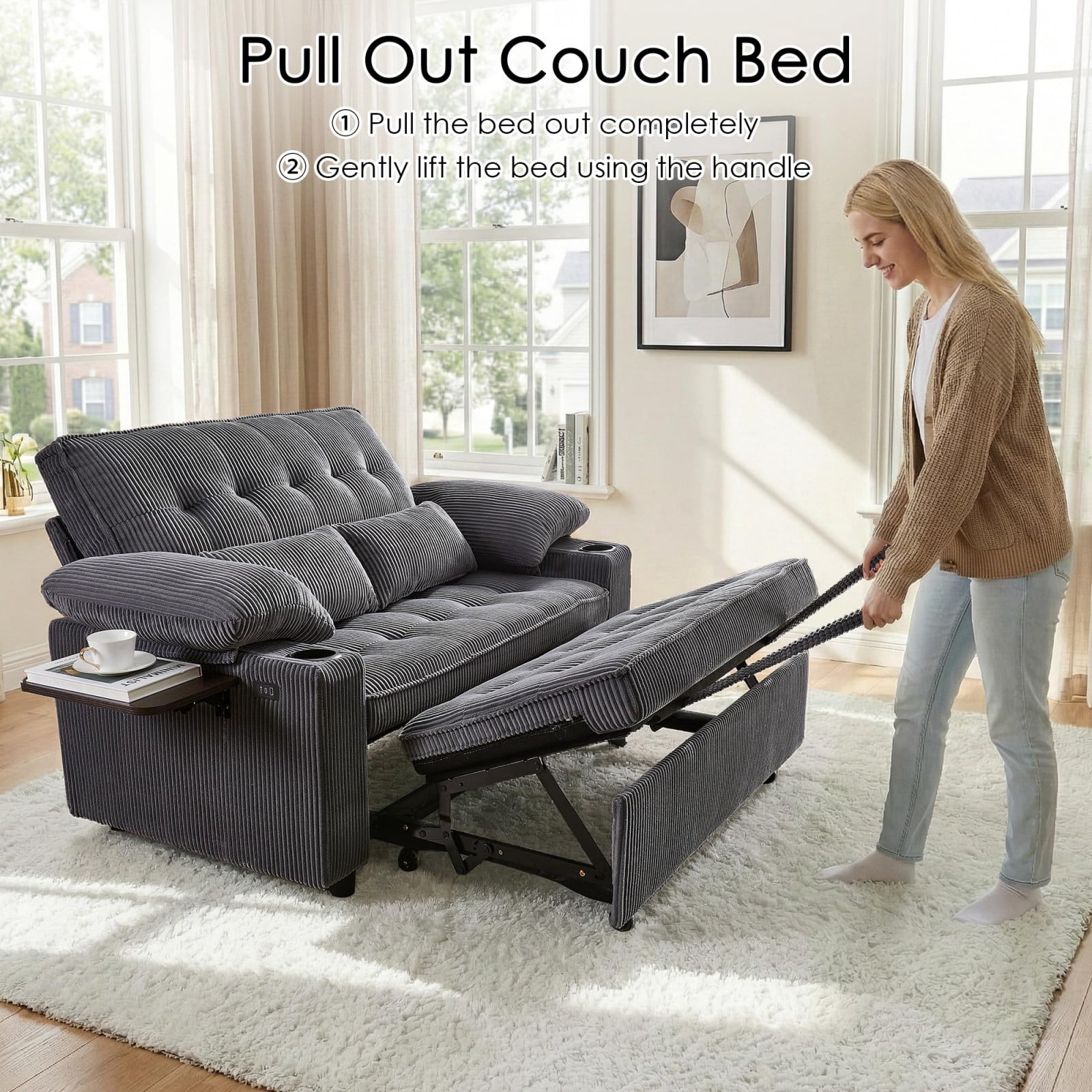 58" Sleeper Sofa Bed, Convertible Pull Out Couch Full Size Loveseat with Corduroy Fabric, USB Charging, Adjustable Backrest for Living Room Apartment Office, Dark Gray