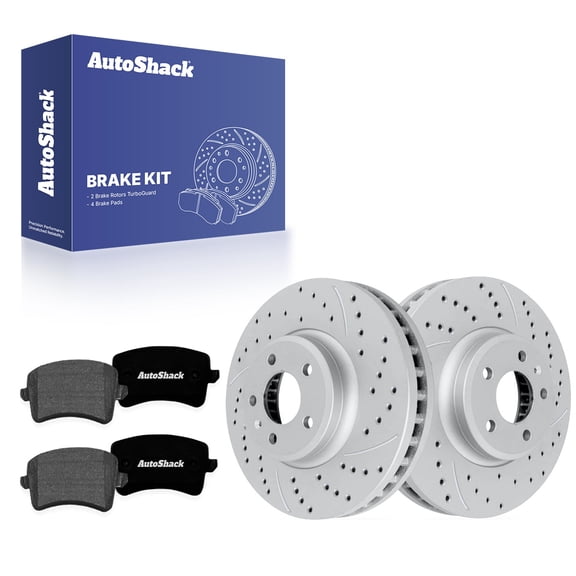 AutoShack Rear Solid Drilled & Slotted Coated Brake Rotors Silver Matte Finish   Premium Ceramic Pads 6-PC Brake Kit Replacement for 2009-2016 Audi A4 2009-2012 Audi Q5 TurboGuard 11.81" (299.9 mm)