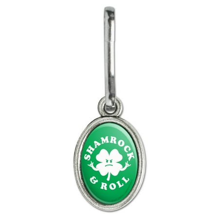 Shamrock and Roll Irish Rock Funny Humor Antiqued Oval Charm Clothes Purse Suitcase Backpack Zipper Pull Aid