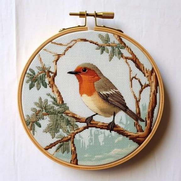 Robins Bird on Tree Stamped Cross Stitch Kits for Beginners Easy with Hoop 11CT Needlepoint Embroidery DIY Counted Cross Stitch Kits Art Craft Wall Decoration 35x35cm(1)