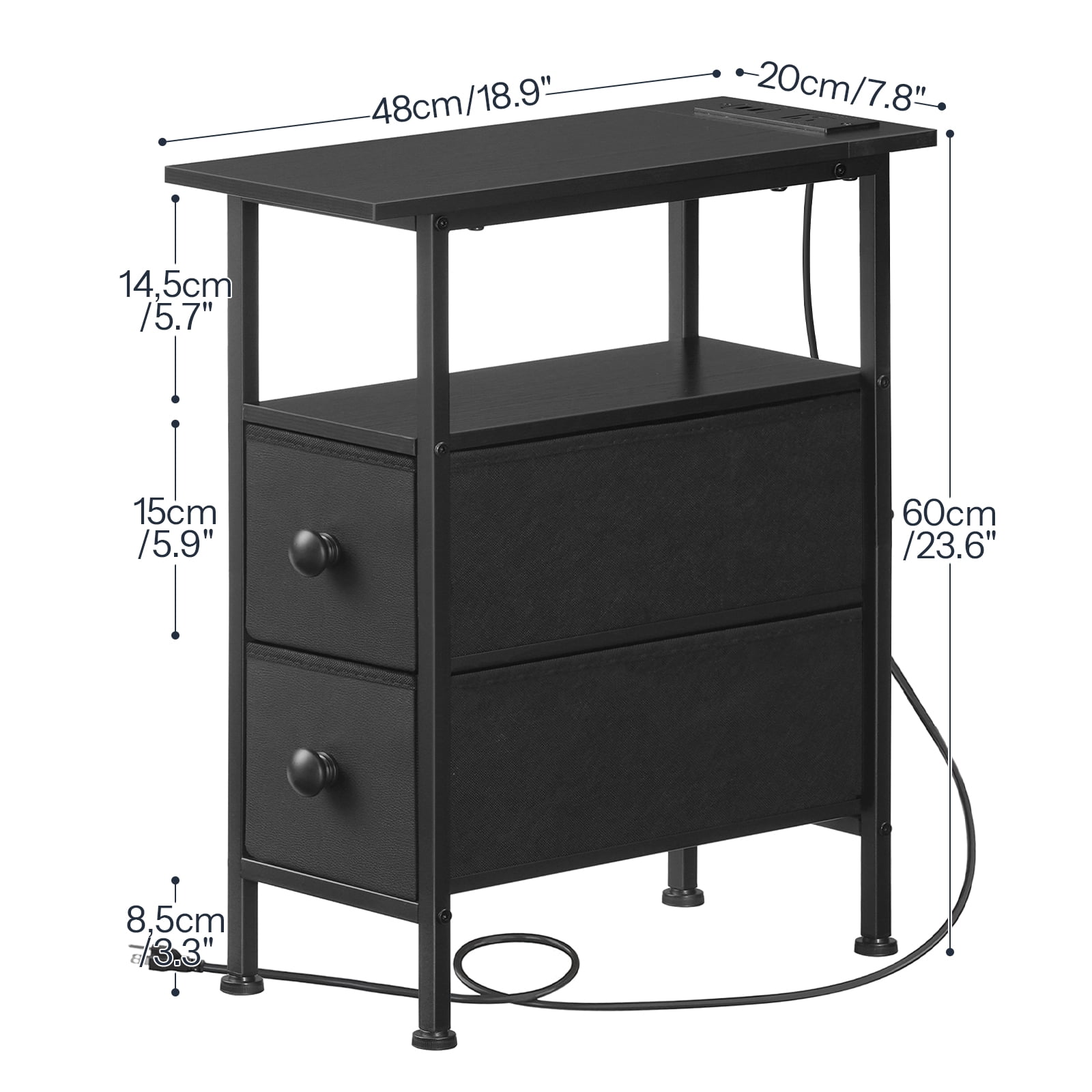 HOOBRO End Table with Charging Station, Narrow Side Table with 2 Fabric Drawers, Skinny Nightstand with Storage, Slim Bedside Table for Bedroom, Living Room, Small Spaces, Black BB487UBZ01