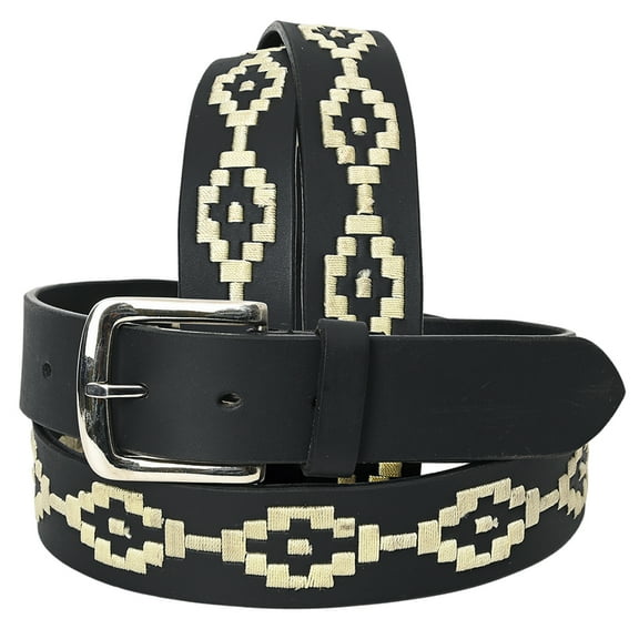 BE BAR H EQUINE Western Genuine Leather Men And Women Black Belt Embroidered White