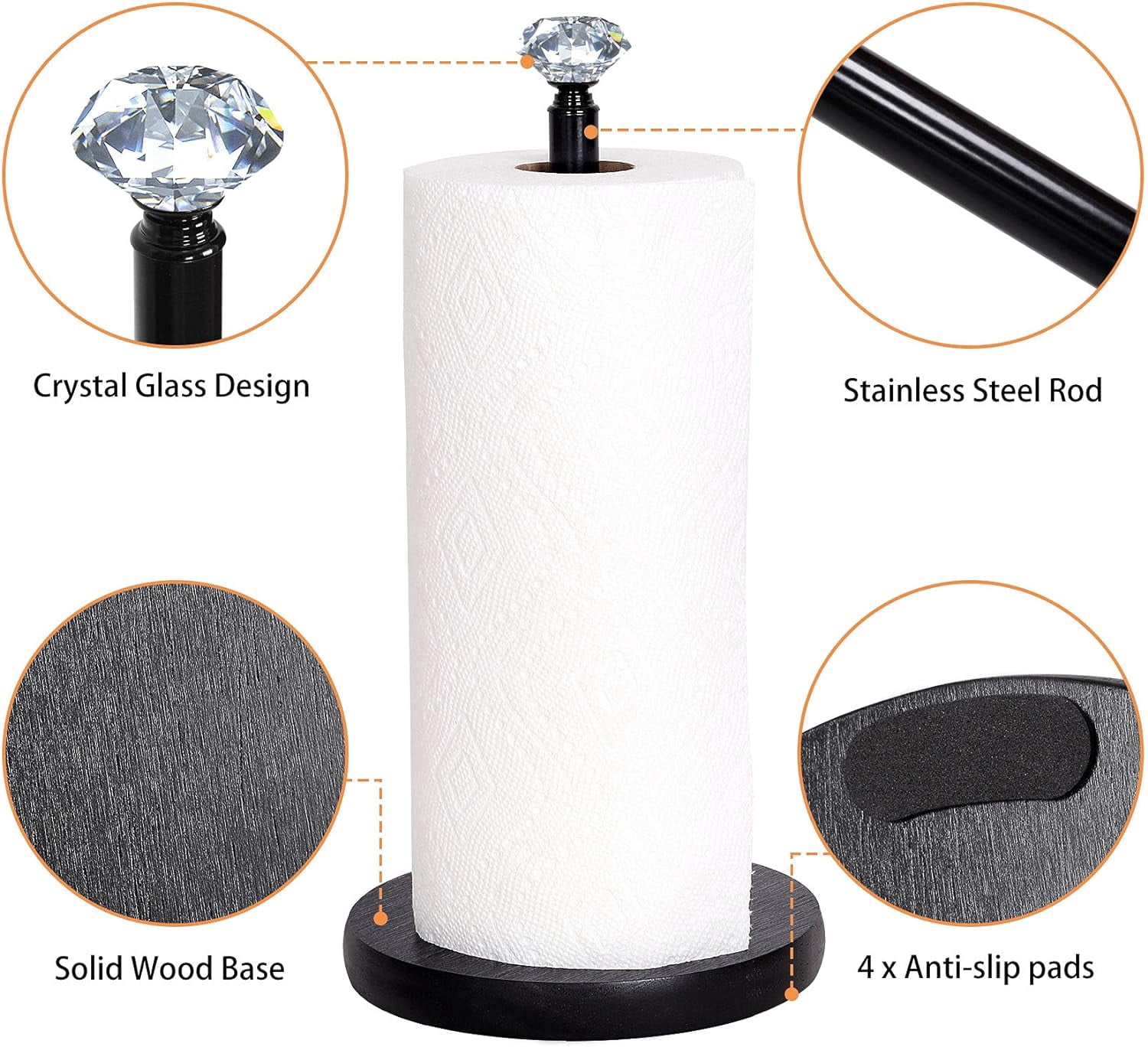 Paper Towel Holder Countertop, , Crystal Paper Towel Stand Holder, Black Solid Wood Weighted Paper Towel Holders for Standard and Large Size Rolls (Black)