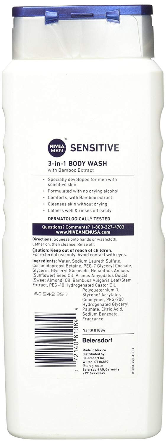 NIVEA FOR MEN Sensitive Body Wash 16.90 oz (Pack of 3)