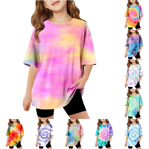 WhouRiu Girls Casual Tie Dye Graphic Tees Short Sleeve Crew Neck Tshirt Summer T Shirts 5-14 Years